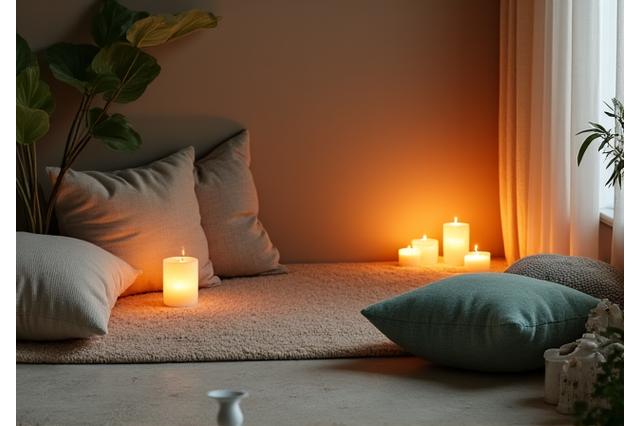 Coin de détente paisible avec coussins et bougies, parfait pour la méditation.
